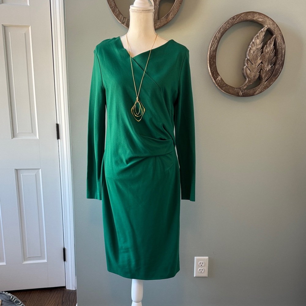 Escada Emerald Green Long Sleeve Draped Sheath Dress